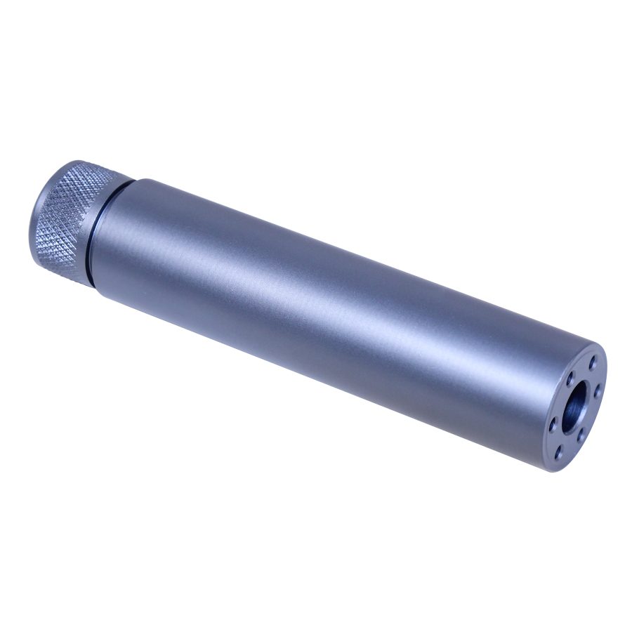 Anodized gray firearm fake suppressor, textured knurled end, ideal for handguns and small rifles.