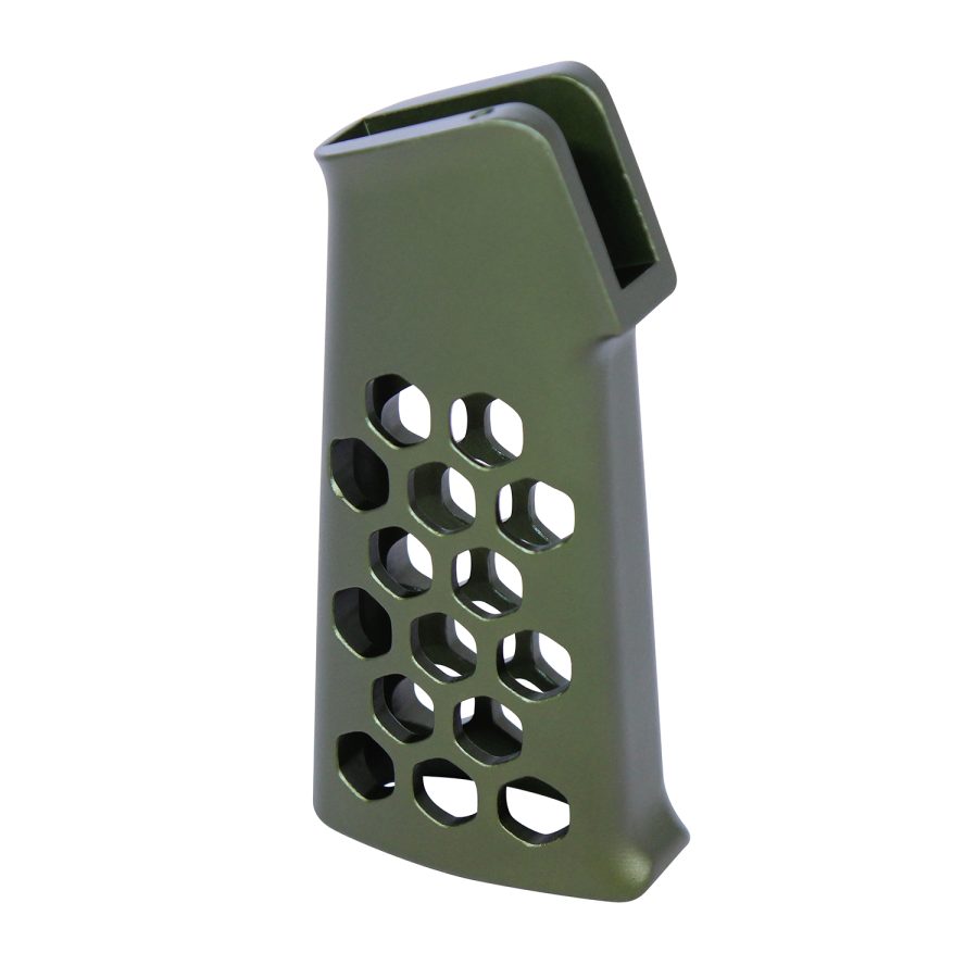 Olive green AR-15 pistol grip with honeycomb pattern for ergonomic, lightweight tactical performance.