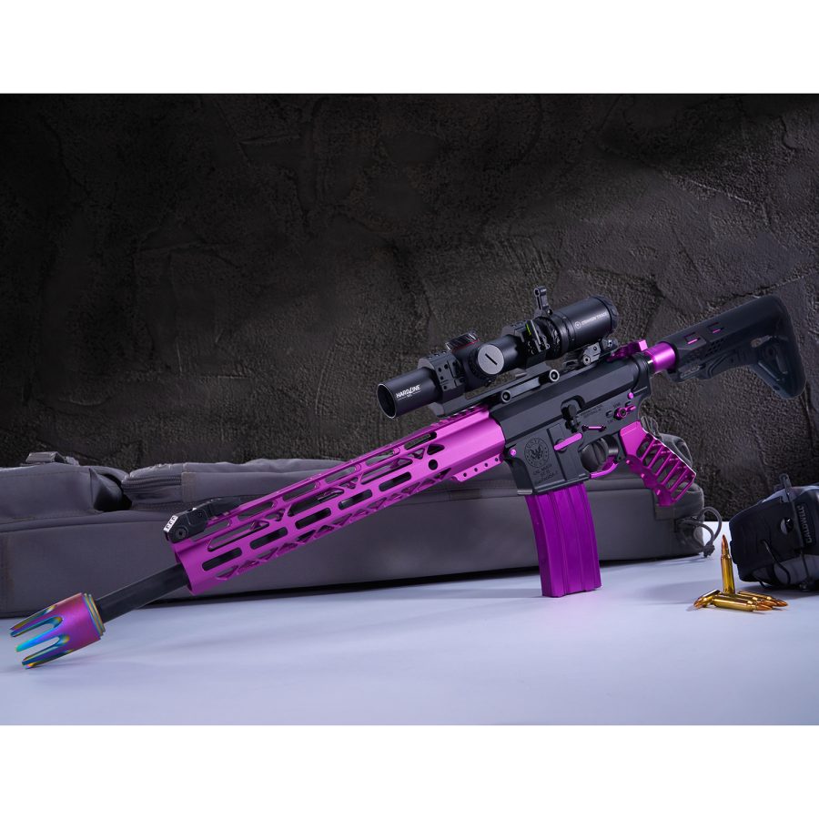 Hot pink custom AR-15 rifle with scope and tactical stock against dark background.