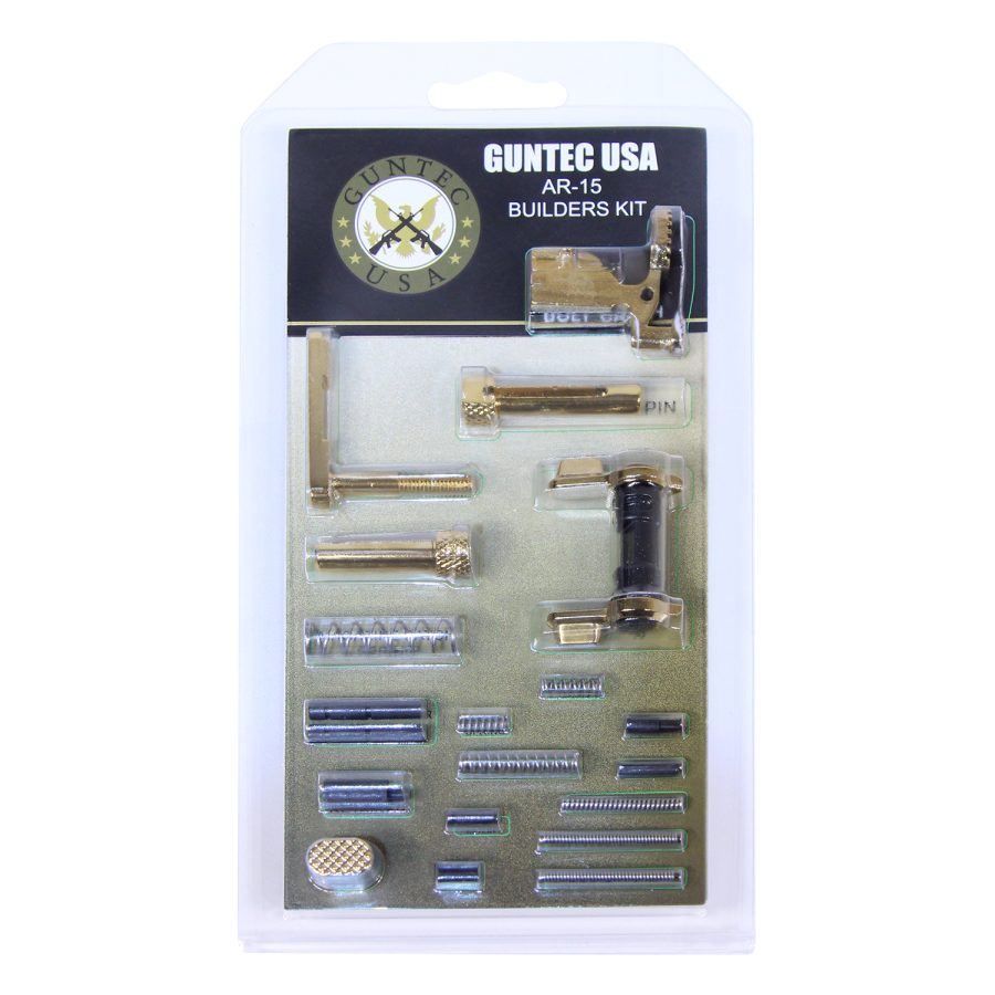 GUNTEC USA Rifle Builders Kit: Organized firearm parts in clear packaging for rifle customization.