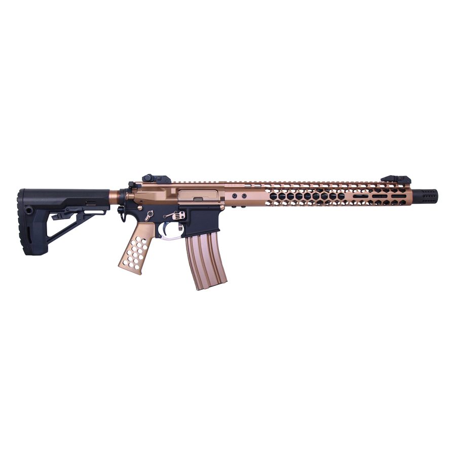 Modern two-tone tactical rifle with bronze upper receiver and black components, featuring a skeletonized handguard.
