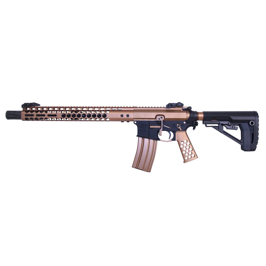 Bronze AR-15 rifle with black features, ventilated handguard, on white background.