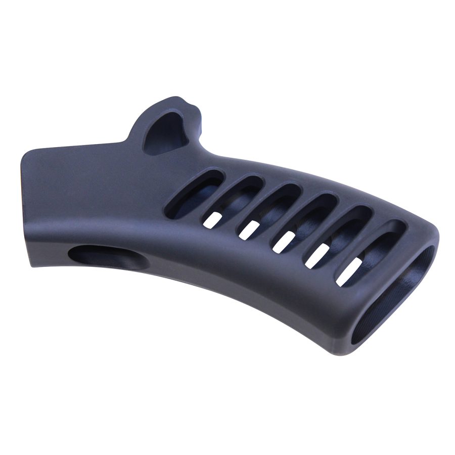 Matte black ergonomic pistol grip with ventilation slots for firearms, durable polymer construction.