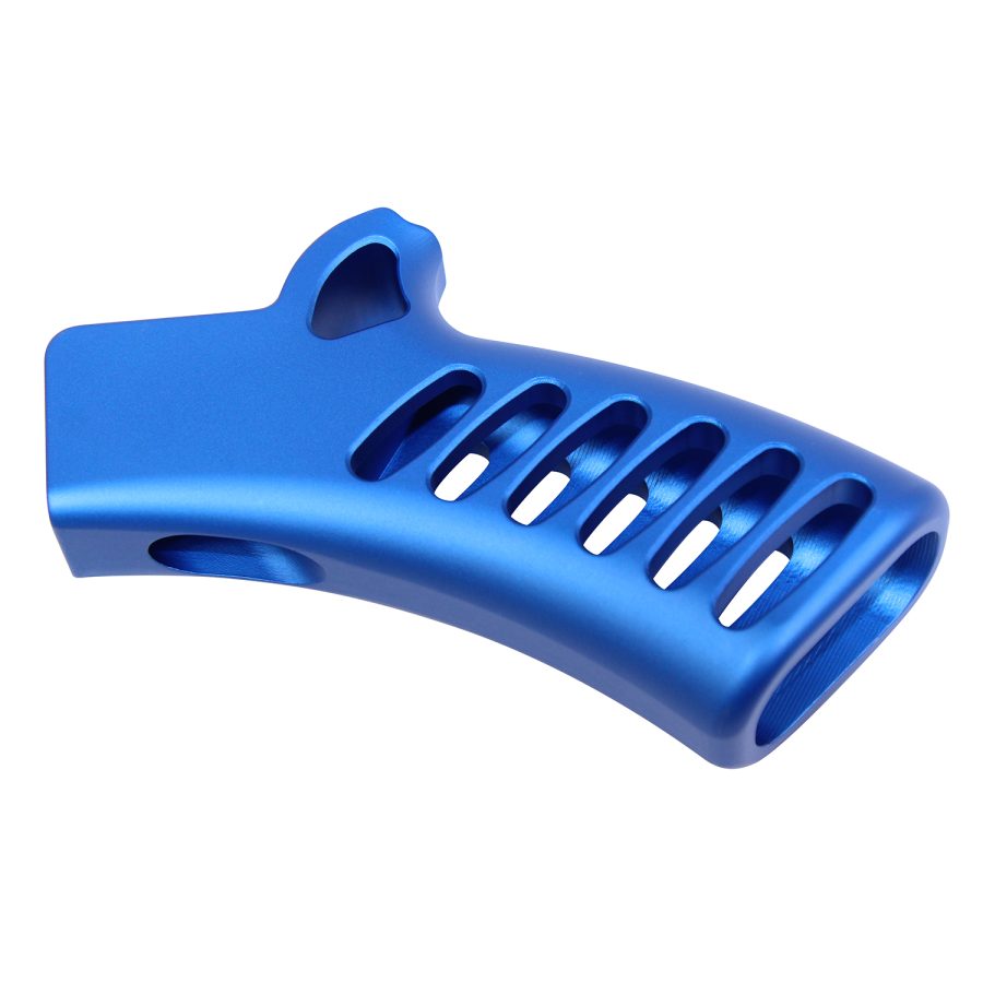 Custom ergonomic anodized blue pistol grip with weight-reducing slots, lightweight metal construction.