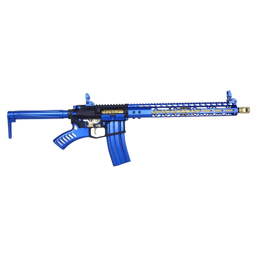 Custom blue AR-style rifle with gold-tipped barrel and diamond-cut handguard for display.
