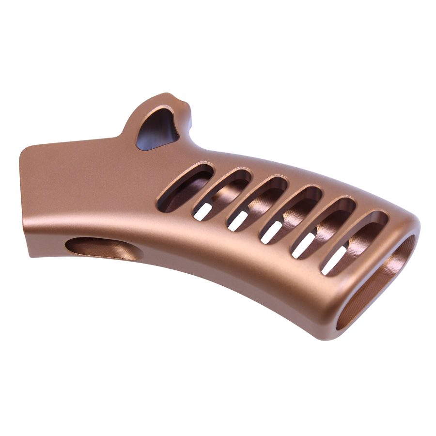 Copper-tone metallic pistol grip with ventilation slots for enhanced performance and aesthetics.
