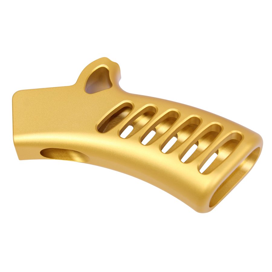 Gold-plated firearm trigger guard with curved design and ventilation slots for aesthetic and function.