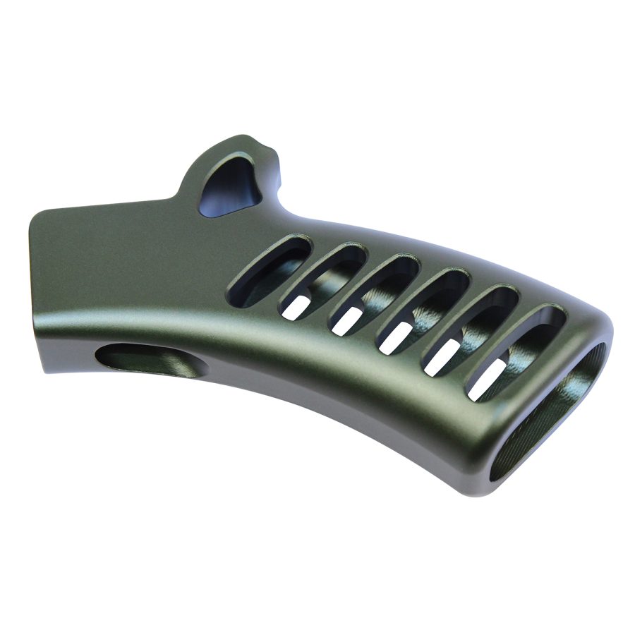 Custom ergonomic green pistol grip for modular firearms with ventilation slots.