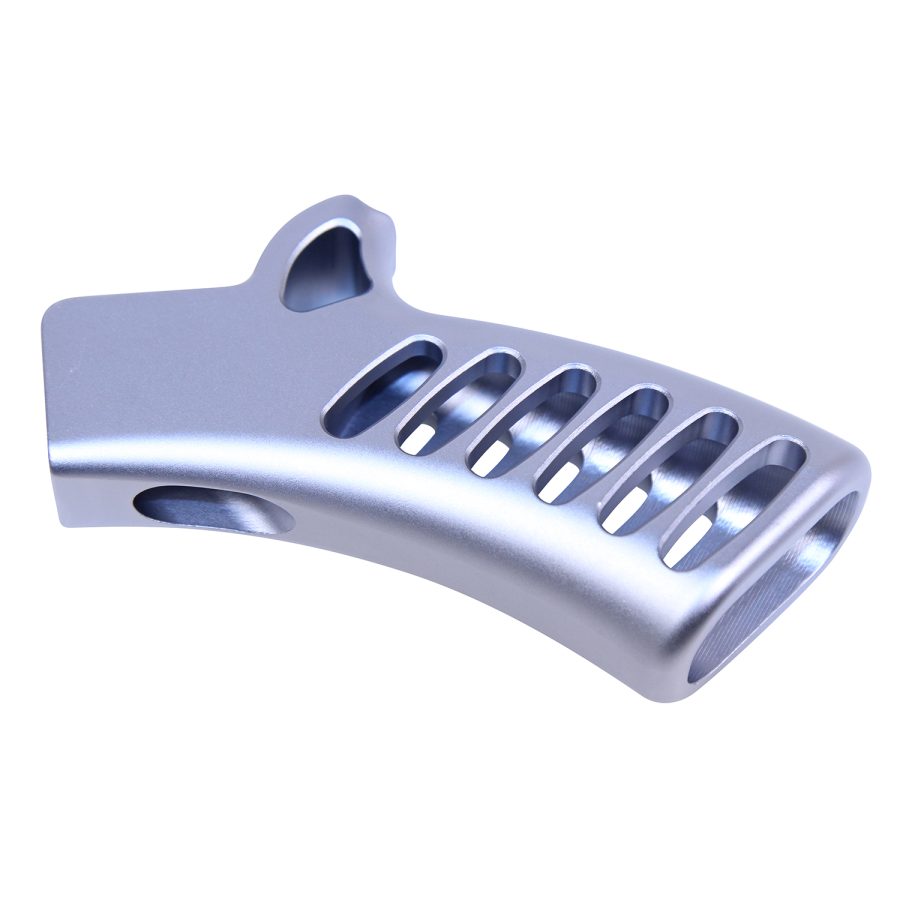 Sleek machined metal component with slots, ergonomic design, silvery-blue finish, for precision tools.