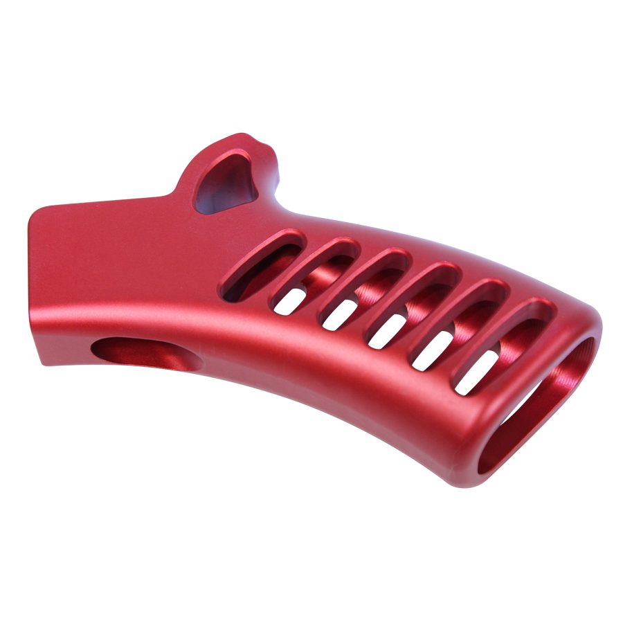 Ergonomic red aluminum component with cutouts for ventilation or attachment, likely in sports or machinery.