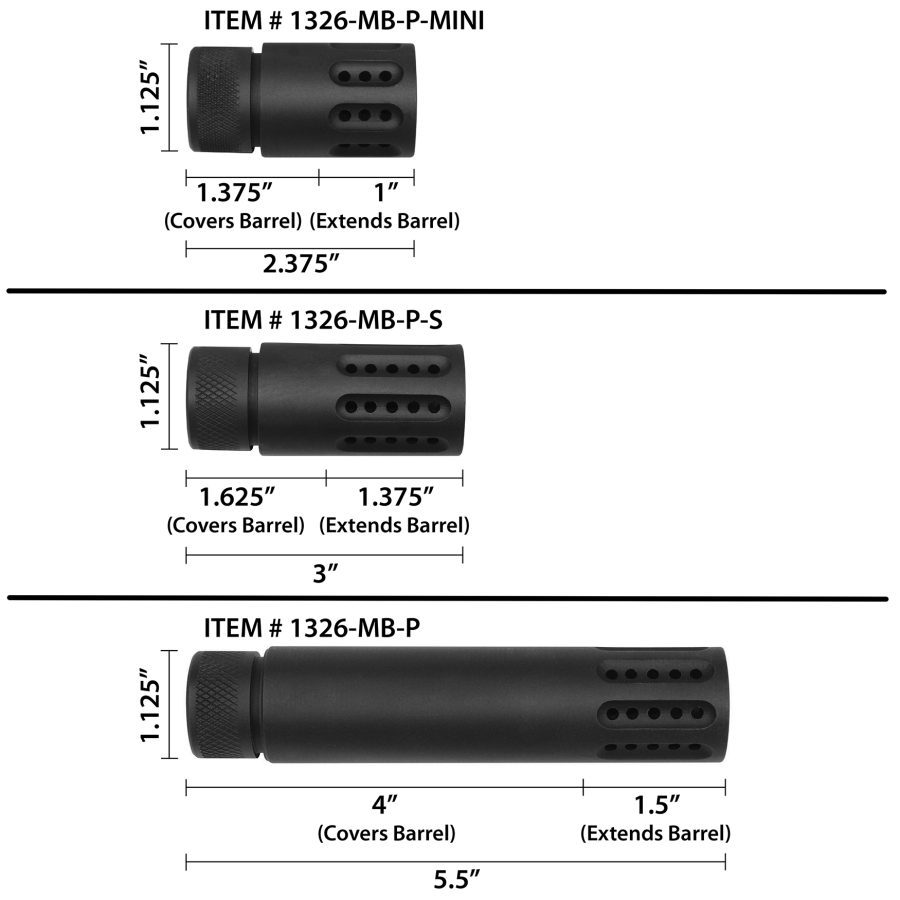 Firearm barrel attachment sizes: mini, small, large; dimensions and features detailed.