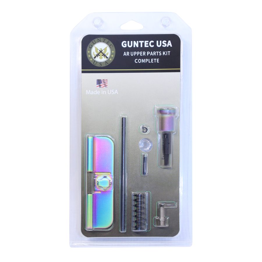 Guntec USA AR upper parts kit with iridescent finish in retail packaging. Made in USA.