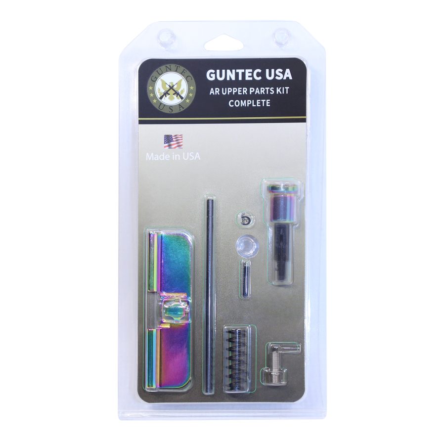 GUNTEC USA AR Upper Kit: Iridescent premium parts, Made in USA, visible in secure blister pack.