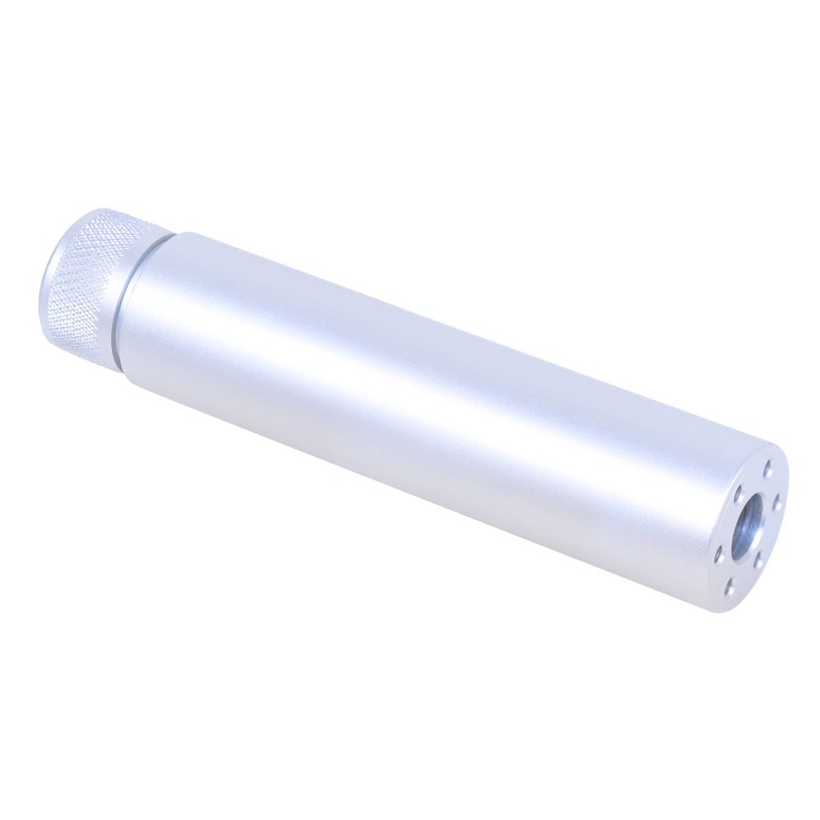 Anodized clear aluminum firearm fake suppressor with knurled cap; precision-engineered as a barrel extension.