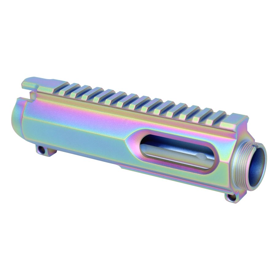 Colorful AR upper receiver with iridescent finish, mounting rails, ejection port, and precision machining.