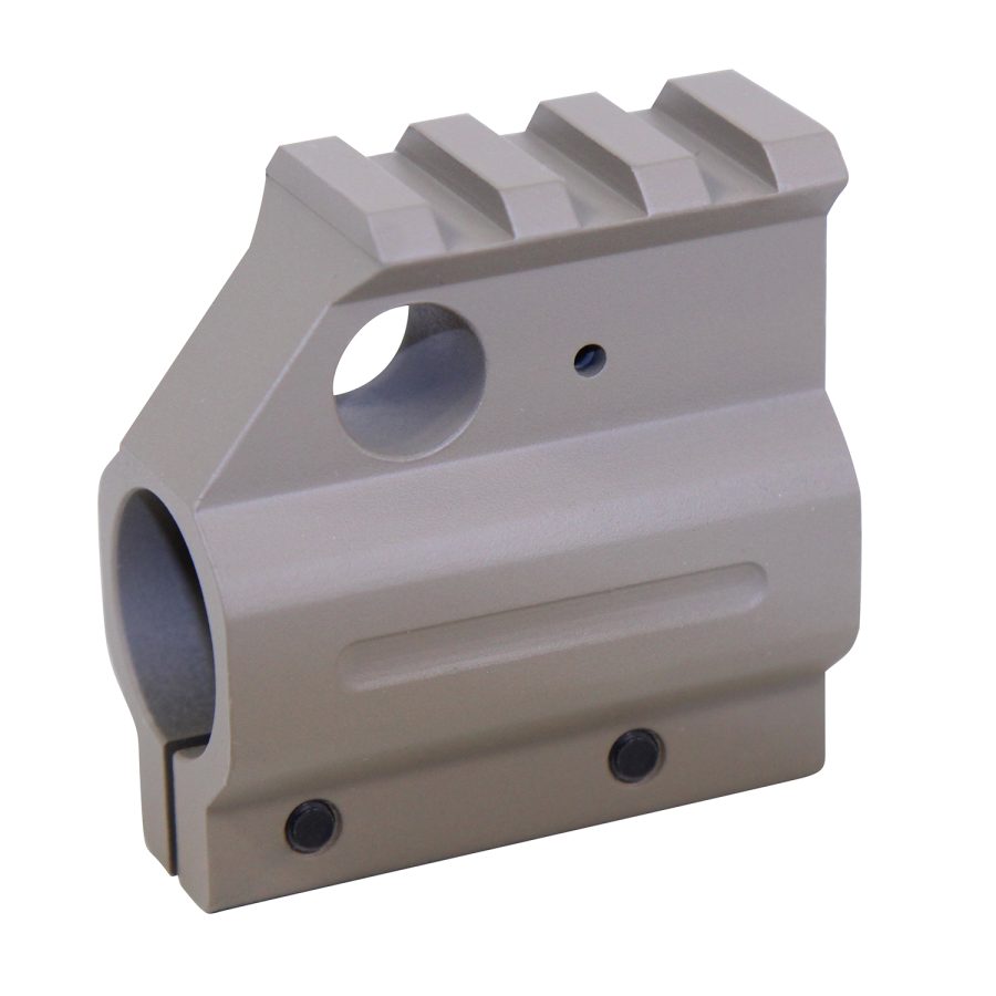 Precision-machined tactical gas block with Picatinny rail for firearm accessories.