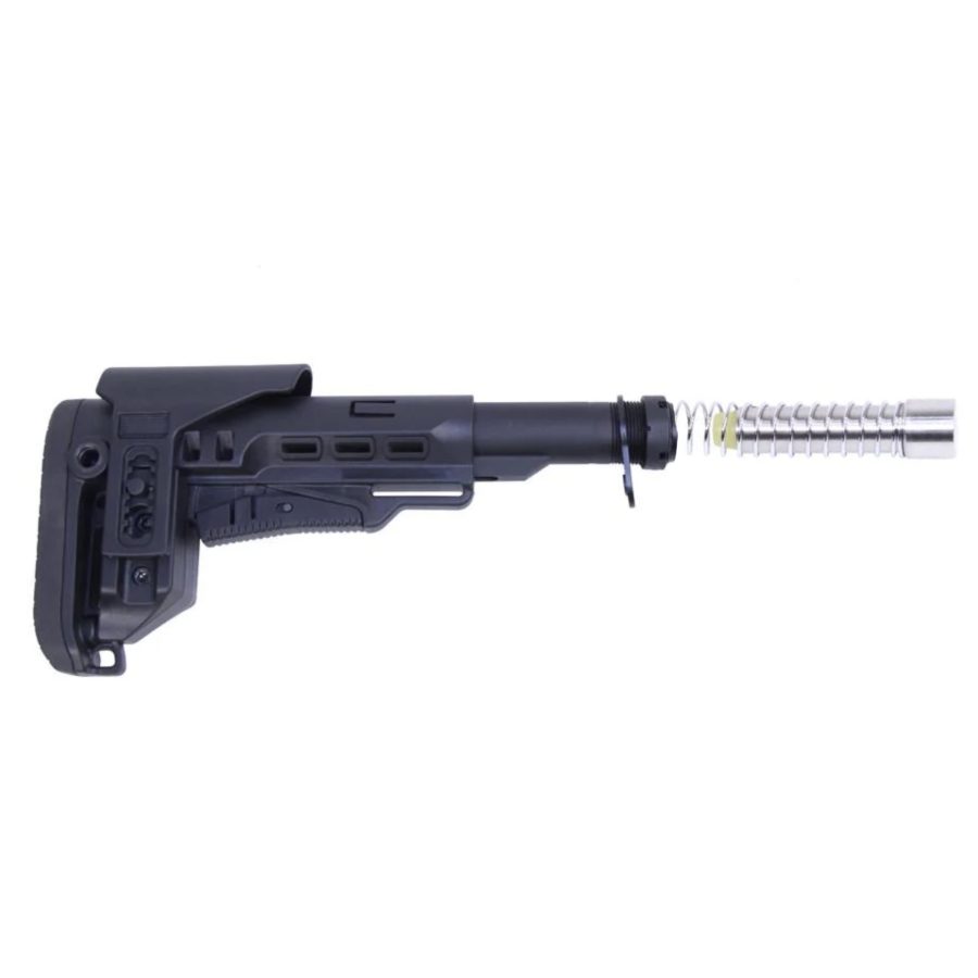 Ergonomic adjustable rifle stock with buffer system, enhancing tactical firearm performance.
