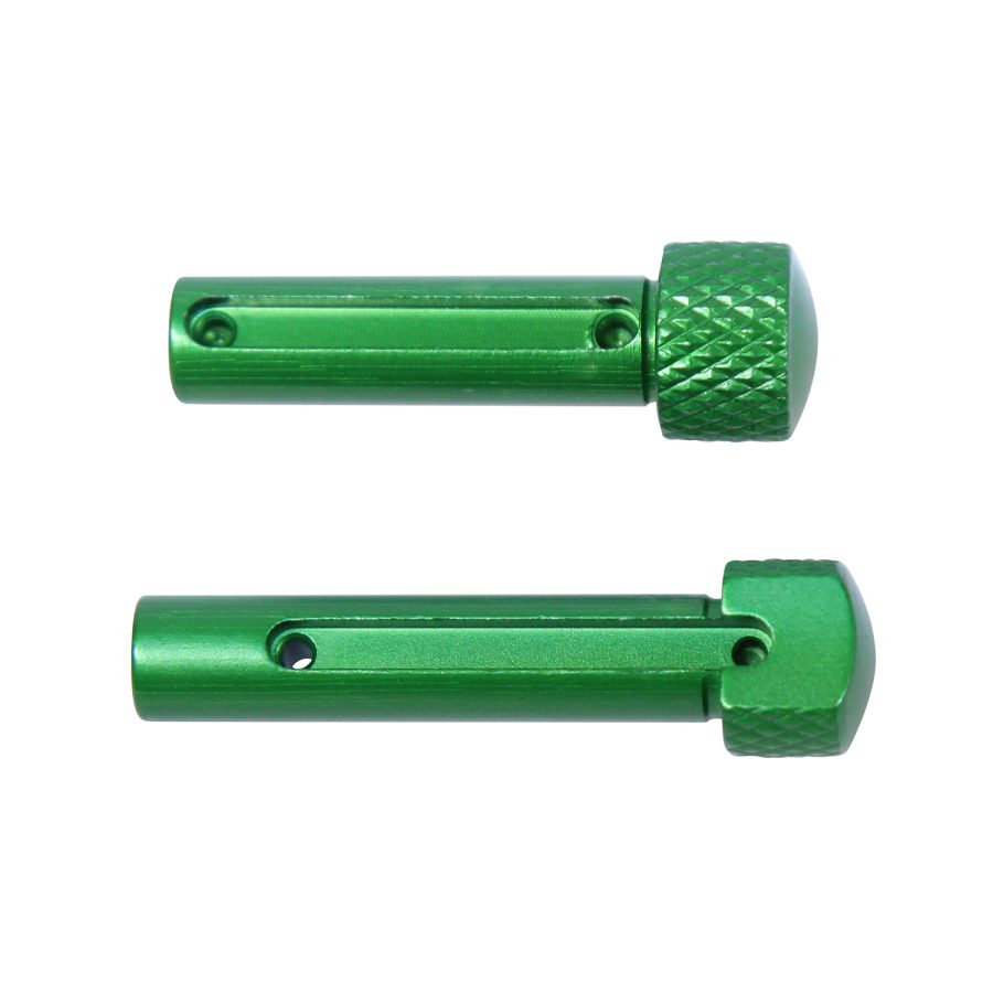 Emerald green AR rifle takedown pins with knurled grip and glossy anodized finish.