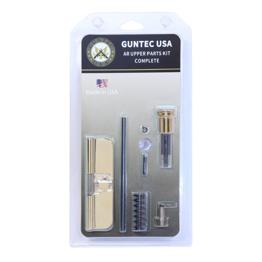 GUNTEC USA AR-15 Upper Parts Kit in clear packaging with pins, springs, forward assist, USA-made.
