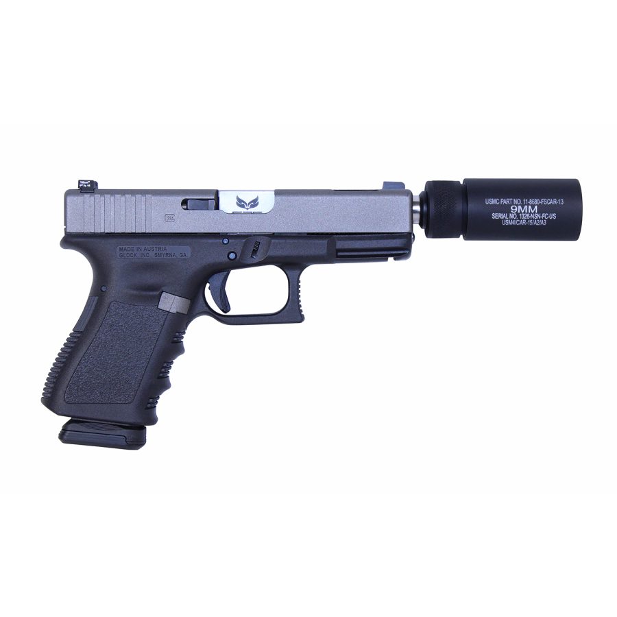 Glock 19 pistol with two-tone finish and 9mm suppressor on white background.