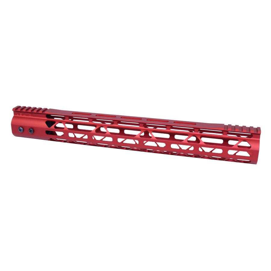 Vibrant red firearm handguard with geometric cutouts, modern design, Picatinny rail.