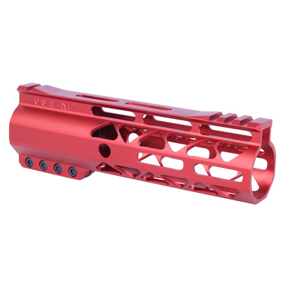 Red aluminum firearm handguard with M-LOK slots, Picatinny rail, and ventilation cutouts.