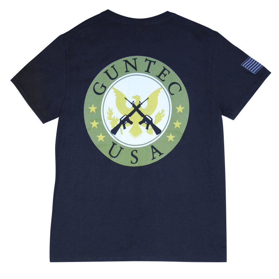 Navy blue t-shirt with GUNTEC USA logo, eagle, rifles, and American flag on the sleeve.