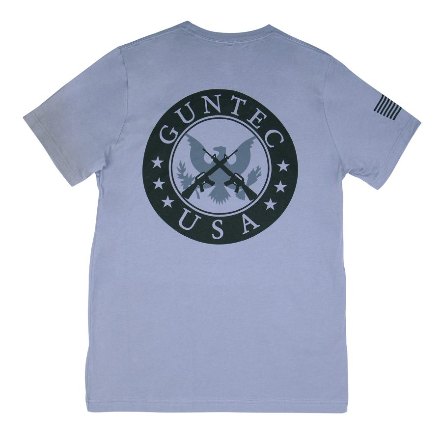 Light blue Guntec USA t-shirt with logo and American flag for firearm enthusiasts.