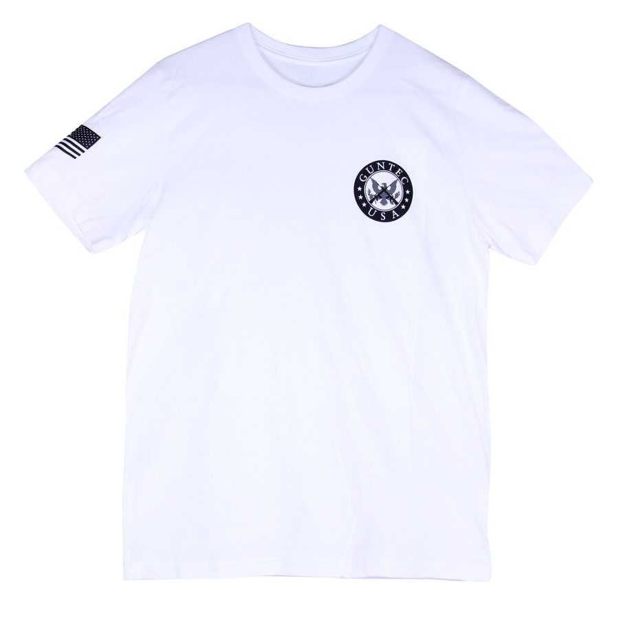 White GunPro USA T-shirt with American flag sleeve patch and emblem for firearm enthusiasts.
