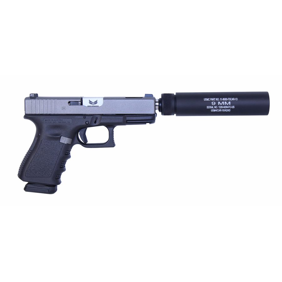 Glock handgun with suppressor, silver slide, black frame, product photo against white background.