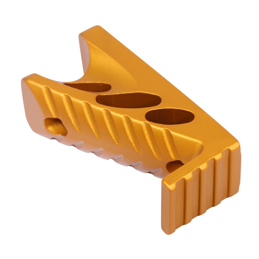 Gold anodized metal component with mounting holes, textured ridges, and serrated edge for precision use.