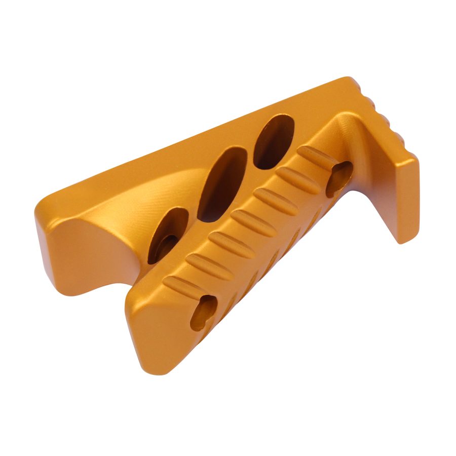 Gold anodized ergonomic foregrip for tactical firearms, lightweight and precision-engineered with premium finish.
