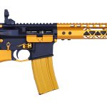 Black and gold custom AR-15 rifle featuring ergonomic grip, ventilated handguard, and flip-up sights.