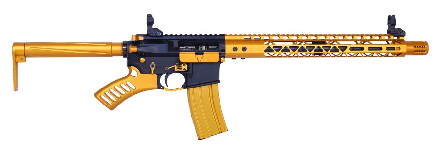Black and gold custom AR-15 rifle featuring ergonomic grip, ventilated handguard, and flip-up sights.