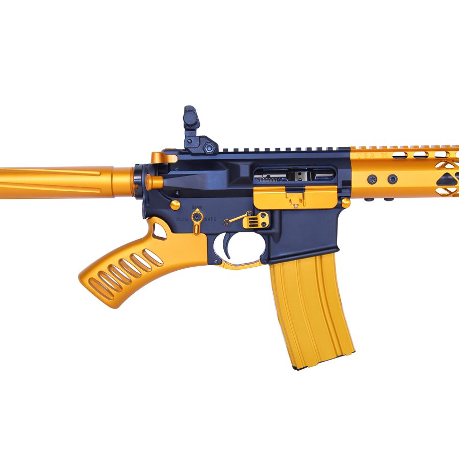 Navy and Yellow AR Rifle with Custom Design, Modern Rail, and Ergonomic Grip.