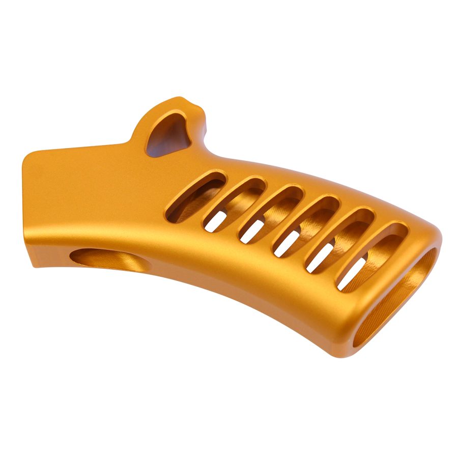 Gold anodized CNC machined component with ventilation slots and precision design for high-performance use.