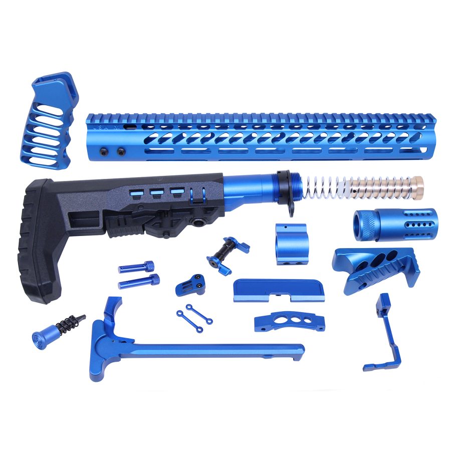 Blue anodized AR rifle upgrade kit with handguard, foregrip, stock, and essential components.