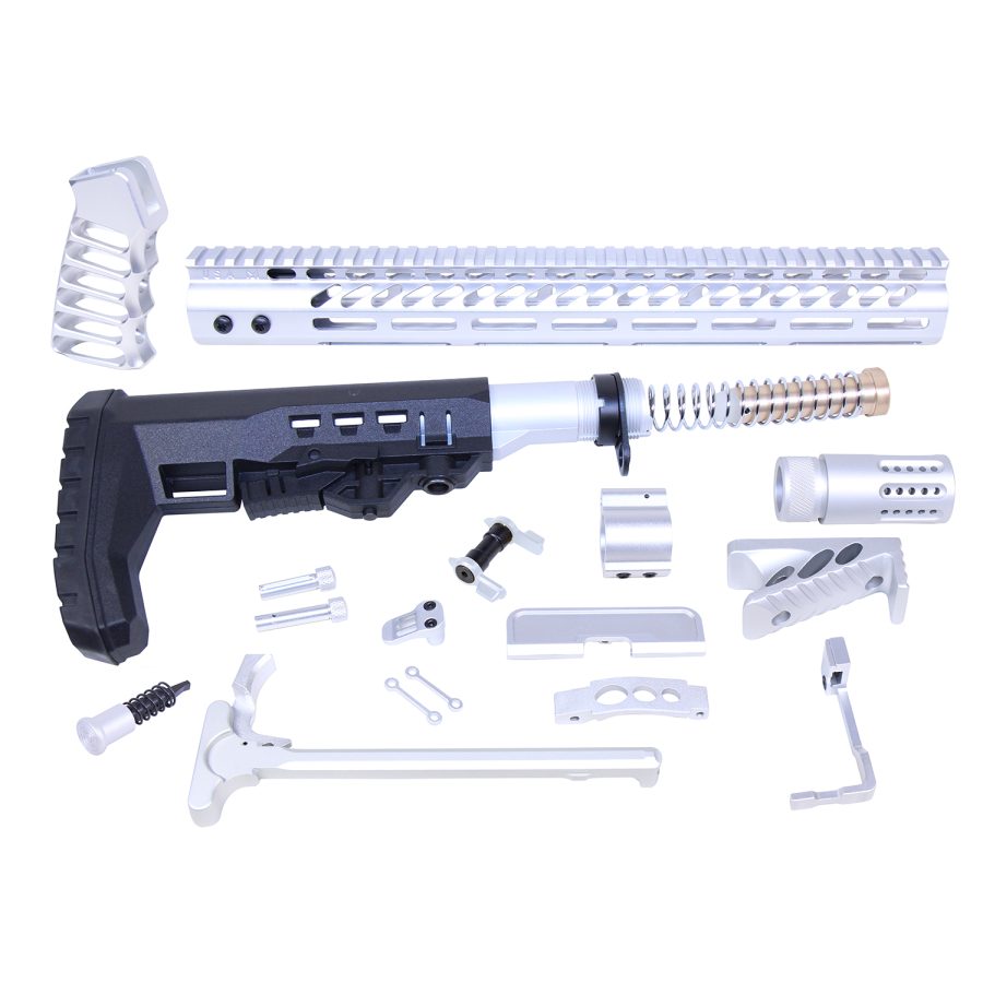 AR build kit with lightweight handguard, black buttstock, and silver components.
