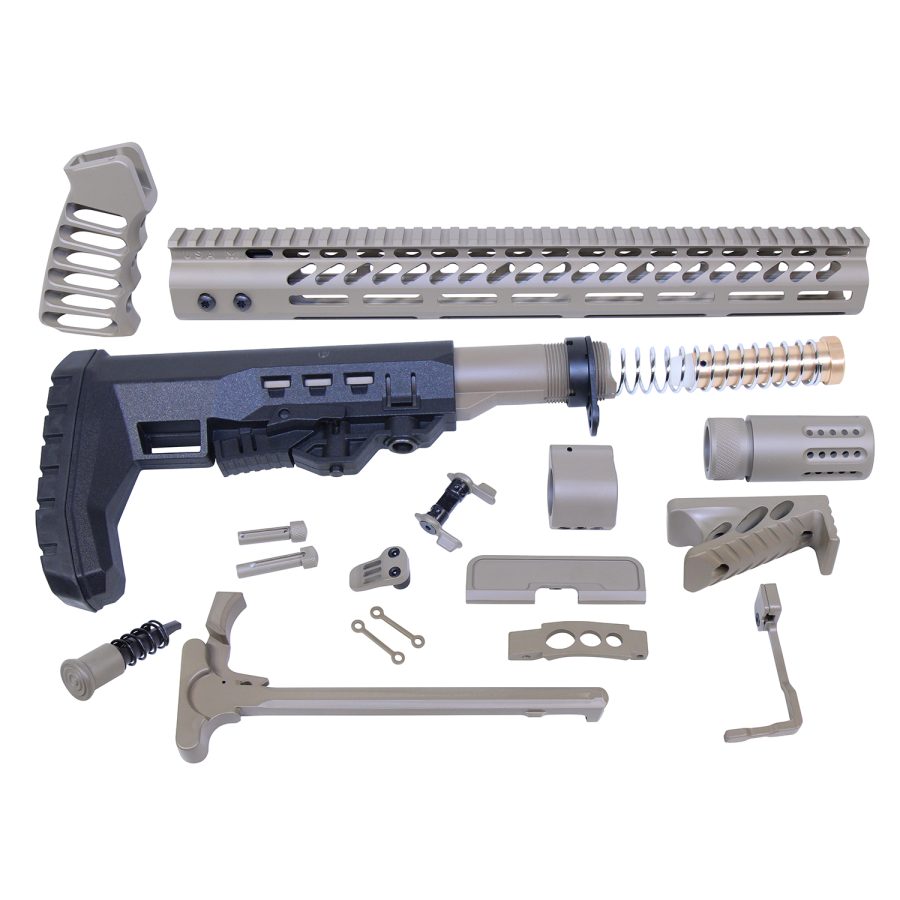Modular rifle parts kit includes handguard, stock, buffer tube, foregrip, and essential components.
