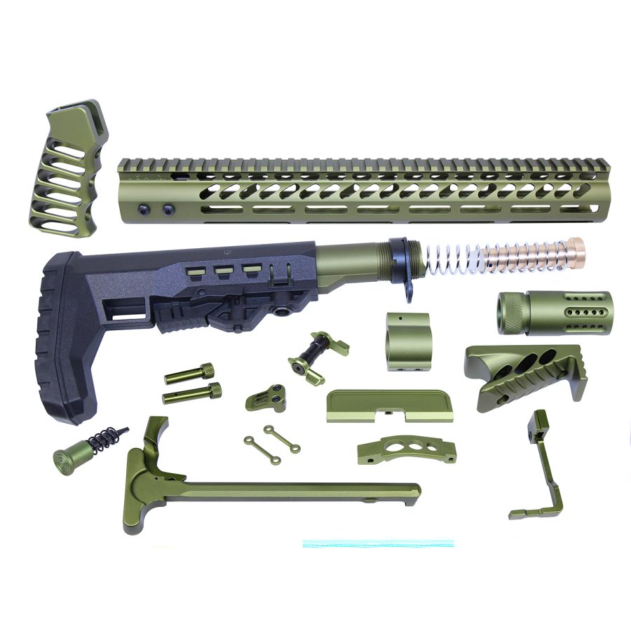 Olive green AR rifle parts kit: handguard, grip, stock, muzzle device, and charging handle.