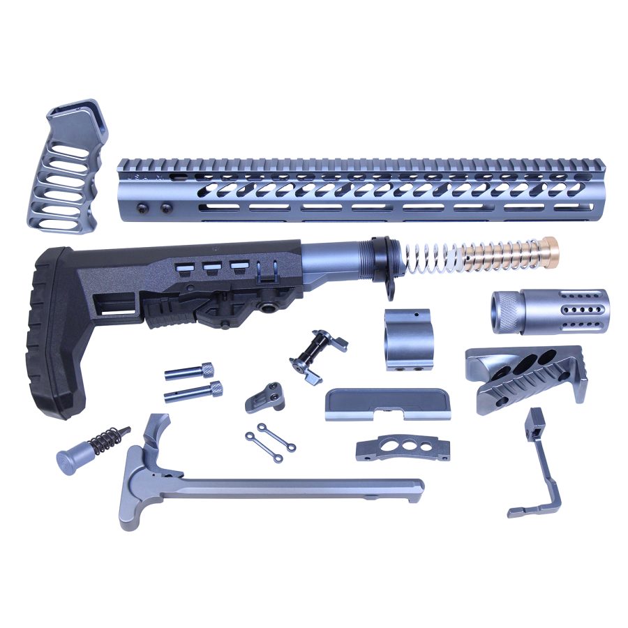 AR-style rifle parts kit with black and gray components on white background.