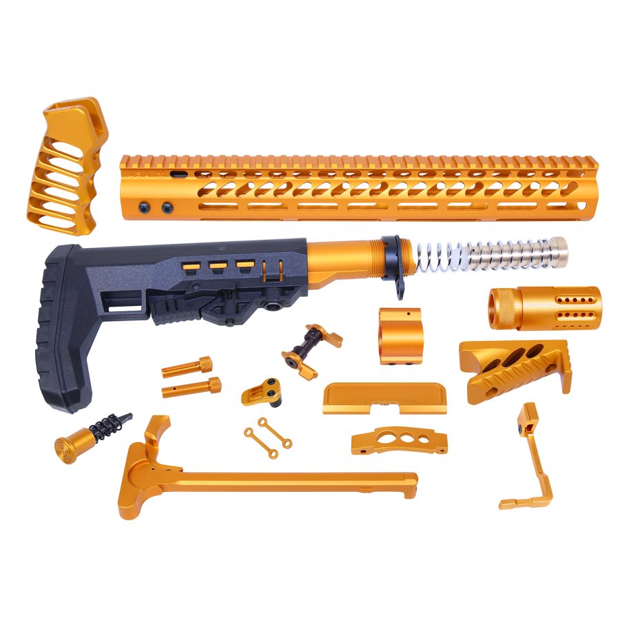 Gold anodized firearm upgrade kit display with handguard, foregrip, stock, and components.