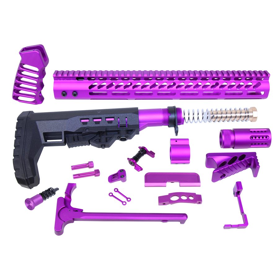 Purple anodized AR rifle accessory kit with handguard, stock, grip, and customization components.
