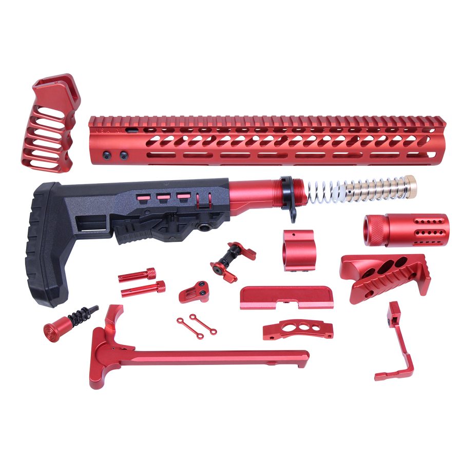 Red anodized aluminum AR-style rifle upgrade kit with handguard, tactical stock, and accessories.