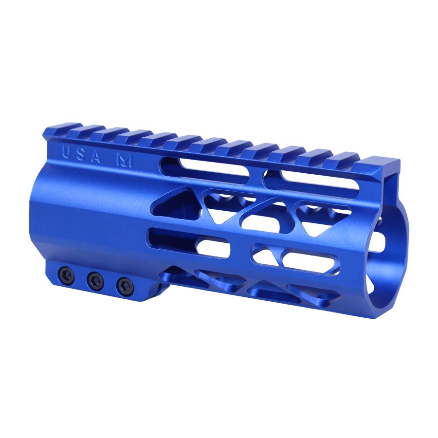 Electric blue anodized aluminum handguard with Picatinny rail and geometric cutouts for AR rifles.