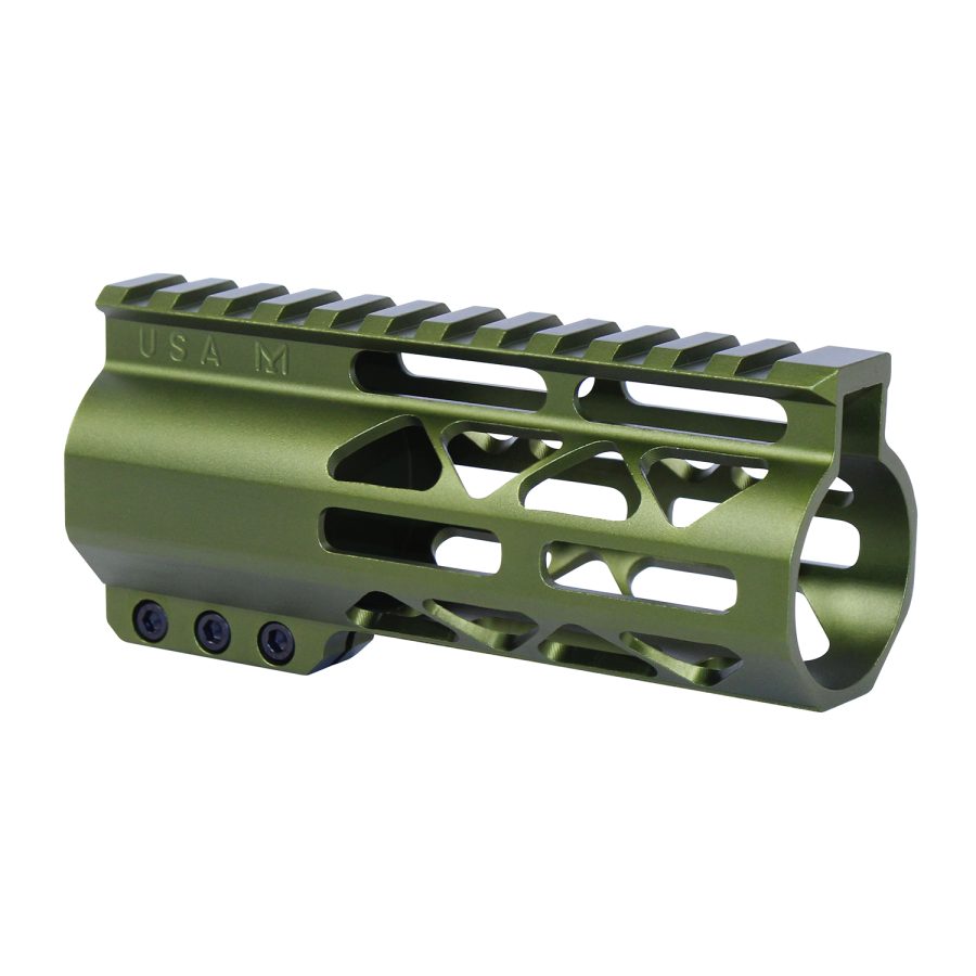 Olive green firearm handguard with Picatinny rail, lightweight aluminum, skeletonized design, tactical aesthetic.