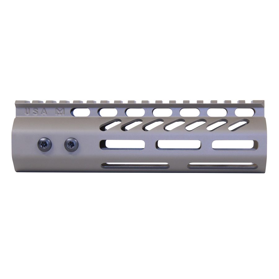 AR-15 silver handguard with Picatinny rail, precision cutouts, USA-made for tactical accessory mounting.