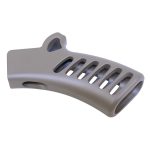 Gray ergonomic pistol grip with ventilation slots for firearms customization against white background.