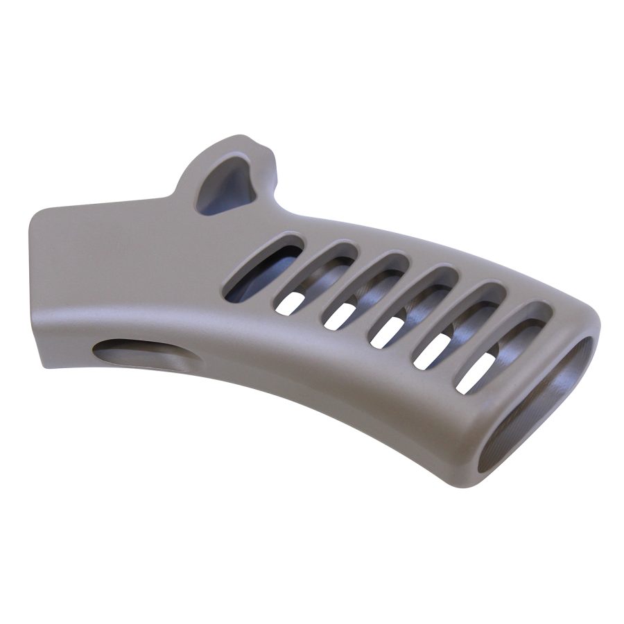 Gray ergonomic pistol grip with ventilation slots for firearms customization against white background.