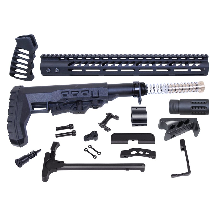 Custom AR rifle parts kit with tactical stock, handguard, and accessories in black finish.